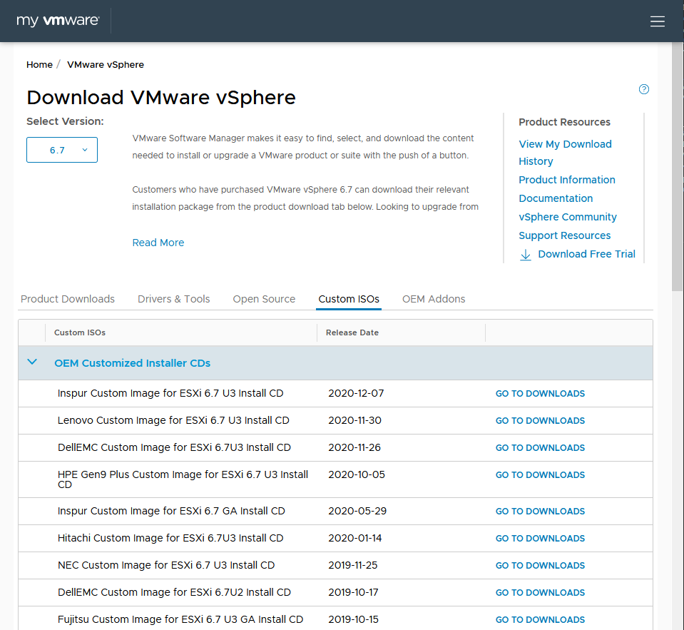 Screenshot of MyVMware Download Custom ISOs